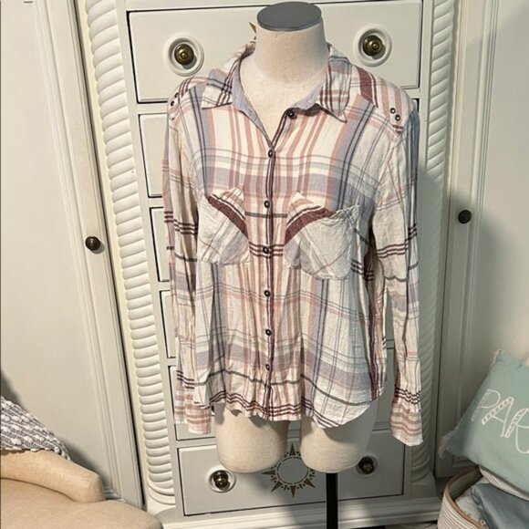 Free People Plaid Oversized Button Down Shirt - Pink and White M - Picture 1 of 9
